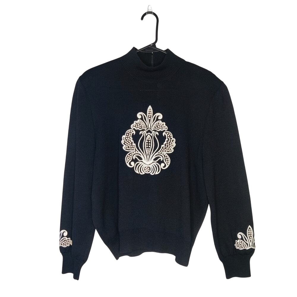 Vtg St John Black Pearl Beaded Mock Neck Fleur de Lis Sweater Small Santana Knit